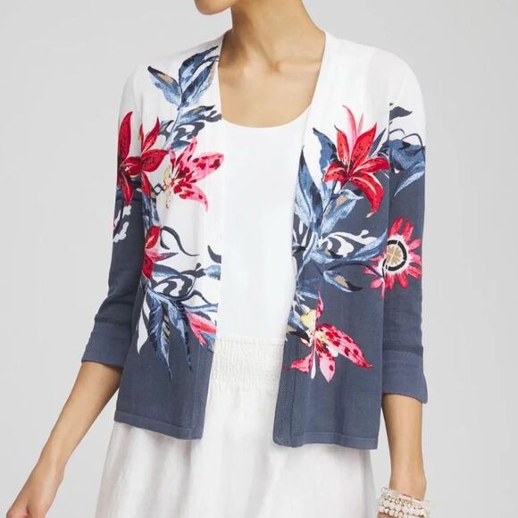 Chico's Sweaters - Chico’s Summer Floral Short Cotton Nylon Lightweight Cardigan Sweater 1 S